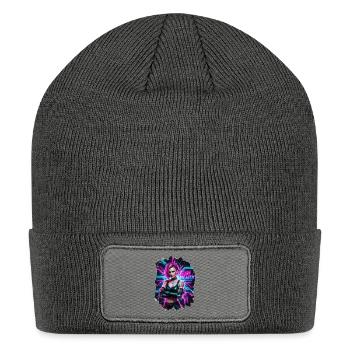 Cyberpunk Hacker Tee: Pink Hair Glitch Neon Art - Patch Beanie - charcoal grey - Front