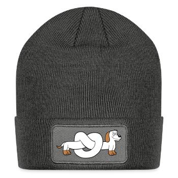 Dog Dachshund Pretzel Shape Knot Long Body Comic - Patch Beanie - charcoal grey - Front