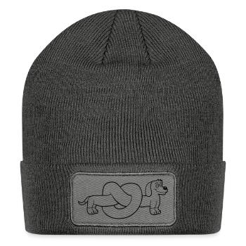 Dog Dachshund Pretzel Shape Knot Long Body Comic - Patch Beanie - charcoal grey - Front