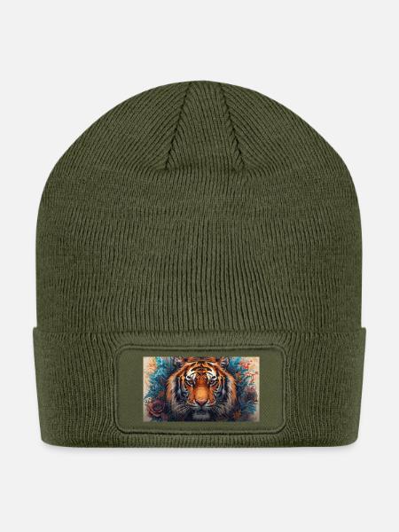Floral Tiger Portrait - Patch Beanie - olive