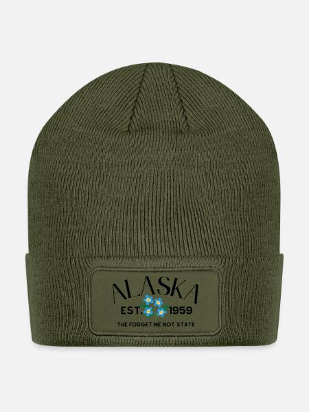 Vivid Blue Forget-Me-Not Floral Design - Patch Beanie - olive