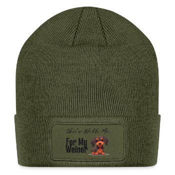 Cute Dachshund Dog with me for my weiner - Patch Beanie - olive - Front