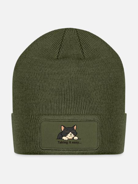 Charming Sleeping Cat Illustration - Patch Beanie - olive