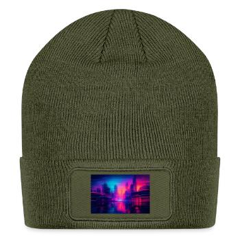 Cyberpunk Glitch Cityscape Art - Patch Beanie - olive - Front