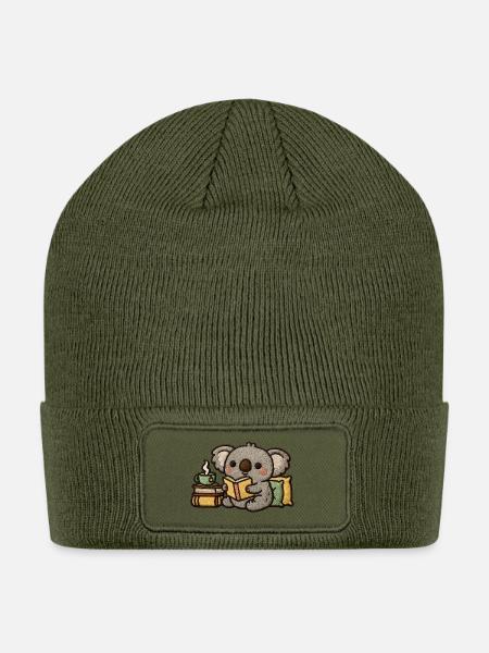 Koala Reading with Coffee and Books - Patch Beanie - olive