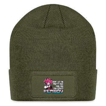 Funny Crazy Femboy Anime Catboy Aesthetic Meme - Patch Beanie - olive - Front