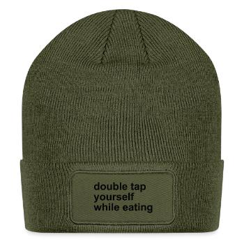 Double Tap Yourself While Eating-BJJ Quote Design - Patch Beanie - olive - Front