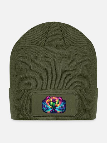 Neon Blooming Cactus — Vibrant Desert Illustration - Patch Beanie - olive