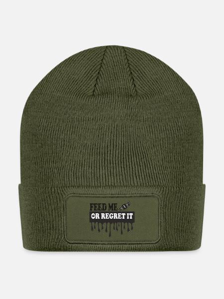 Feed Me or Regret It Funny Cat T-Shirt - Patch Beanie - olive