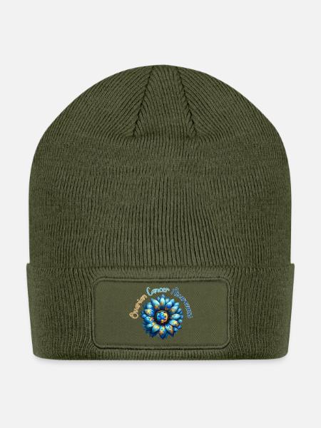 Sunflower Ovarian Cancer Awareness Ribbon Teal  - Patch Beanie - olive