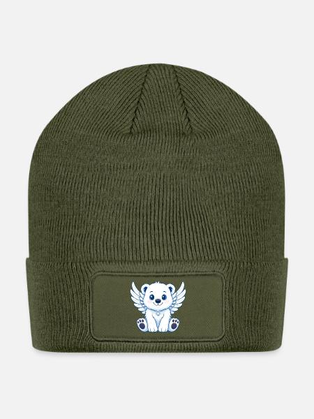 Cute polar bear angel cartoon with wings joy laugh - Patch Beanie - olive