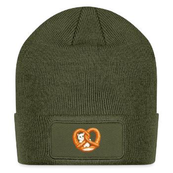 Whimsical Cat with Pretzel Loop Design - Patch Beanie - olive - Front