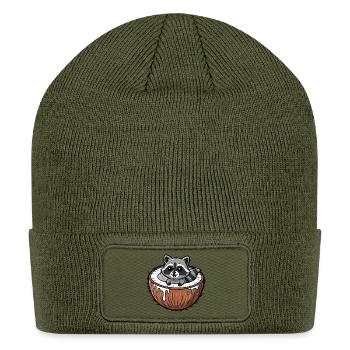 Cute raccoon cartoon palm fruit coconut - Patch Beanie - olive - Front