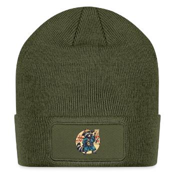 Kawaii Samurai Raccoon in Kimono – Cherry Blossom  - Patch Beanie - olive - Front
