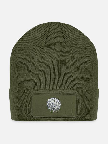 Snow Chrysanthemum Sketch Botanical Print - Patch Beanie - olive