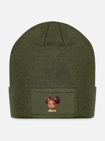 Curly Hair Girl Cartoon - Patch Beanie - olive