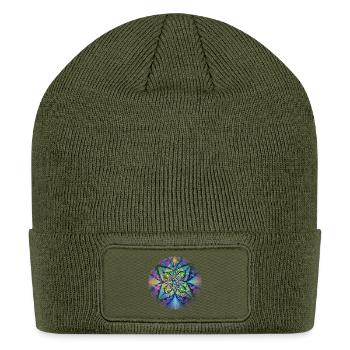 Geometric Mandala Art - Spring Portal  - Patch Beanie - olive - Front