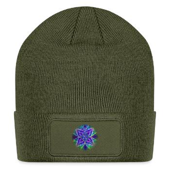 Geometric Mandala Art - Blue Moonflower - Patch Beanie - olive - Front