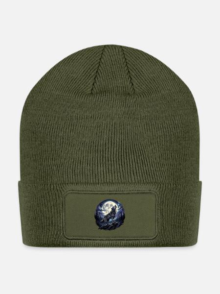 Howling Wolf Full Moon Forest - Patch Beanie - olive