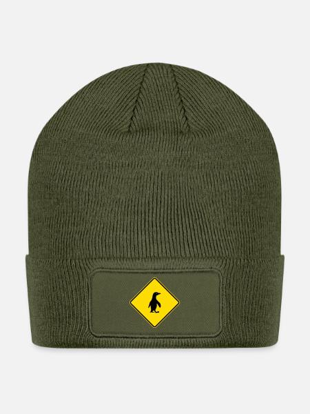 Penguin Crossing Sign Graphic - Patch Beanie - olive