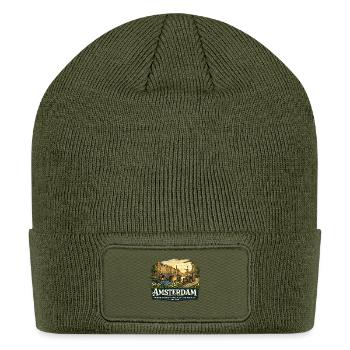 Amsterdam Travel Poster | Canal Houses & Windmill - Patch Beanie - olive - Front