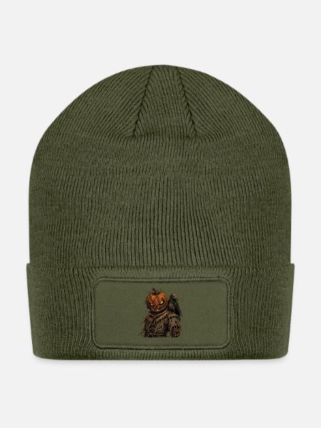 Stitched Pumpkin Scarecrow with Raven - Patch Beanie - olive