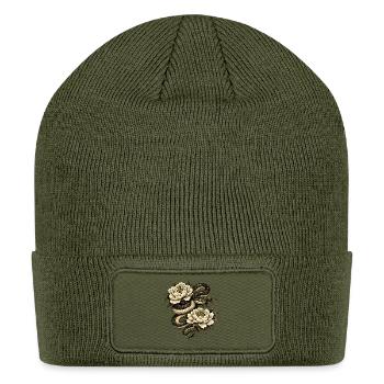 Gold-ink Snake Wrapped Around Peonies - Patch Beanie - olive - Front