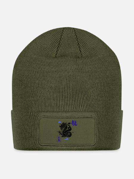 Blue Dragon Kanji Ink on Cloud - Patch Beanie - olive