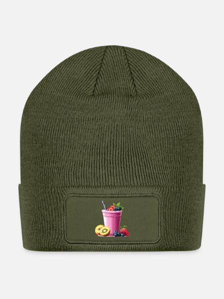 Berry Pink Smoothie Cup - Patch Beanie - olive