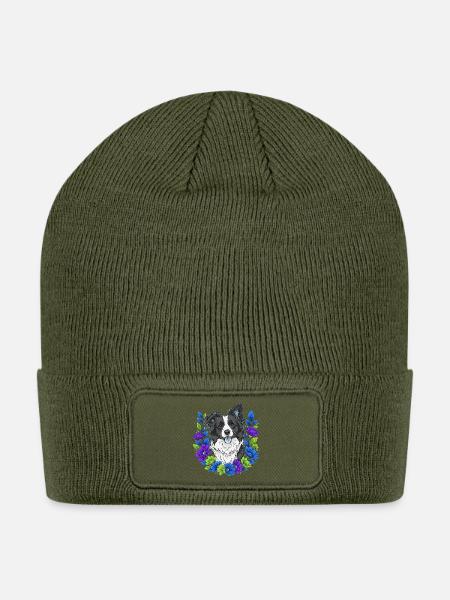 Border Collie Floral Portrait - Patch Beanie - olive