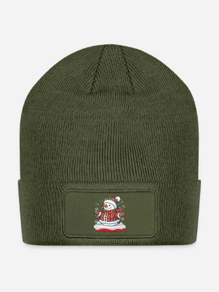 Snowman in Plaid Winter Scarf - Patch Beanie - olive