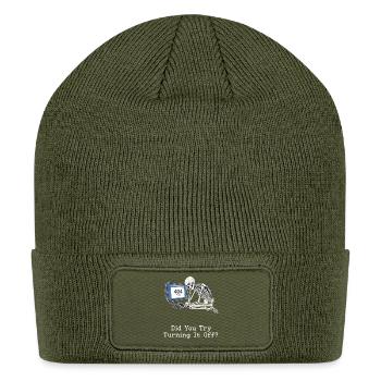 "404 Error" Skeleton Tech Support Illustration Art - Patch Beanie - olive - Front