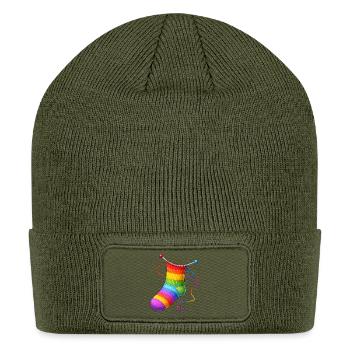 Knitted Rainbow Sock Illustration - Patch Beanie - olive - Front