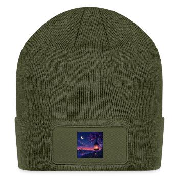 Moonlit Lantern Over Purple Harbor - Patch Beanie - olive - Front