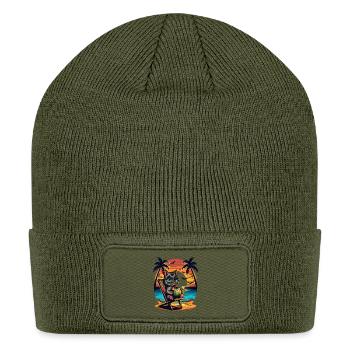 Sunset Kitty with Coconut Drink - Patch Beanie - olive - Front