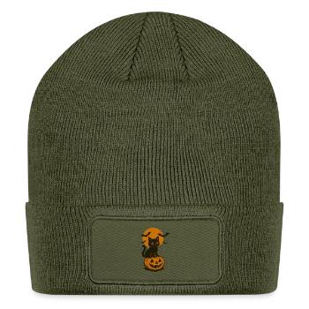 Midnight Kitteh and Pumpkin - Patch Beanie - olive - Front