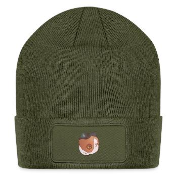 Sleepy Cat Face Illustration - Patch Beanie - olive - Front