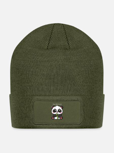 Kawaii Panda Cub with Bamboo - Patch Beanie - olive