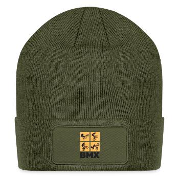 BMX Jump Silhouette Grid (orange and black design) - Patch Beanie - olive - Front