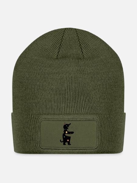 Cosmic Hug: Black Cat and Dog Duo - Patch Beanie - olive