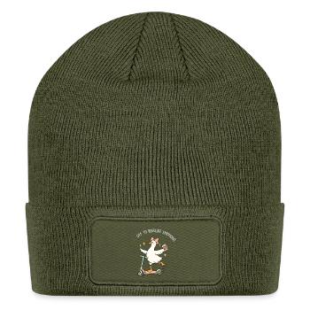 Cute goose with bow on a scooter with coffee  - Patch Beanie - olive - Front