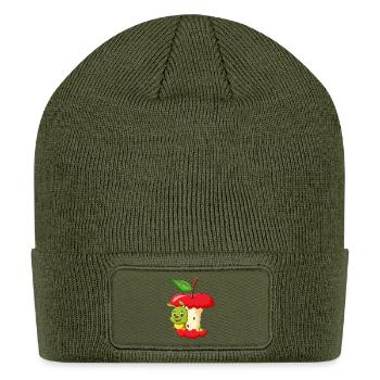 Cute Worm in Red Apple Core Cartoon - Patch Beanie - olive - Front
