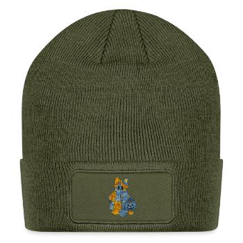 Quilted Ghost with Big Bow and Pumpkin Halloween  - Patch Beanie - olive - Front