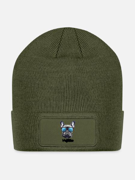 Blue Sunglasses Bulldog Illustration - Patch Beanie - olive