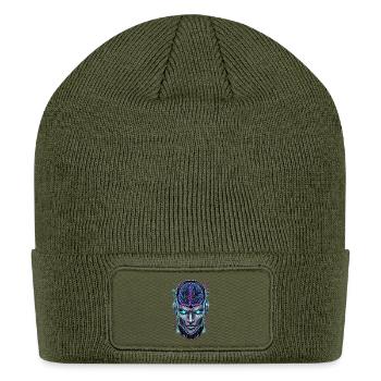 Cyberpunk AI Robot Head - Neon Glitch Art Style - Patch Beanie - olive - Front