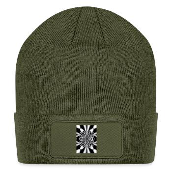 Monochrome Kaleido Burst Optical Illusion - Patch Beanie - olive - Front