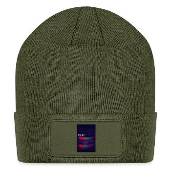 Digital Glitch Play Symbol on Vibrant Screen - Patch Beanie - olive - Front