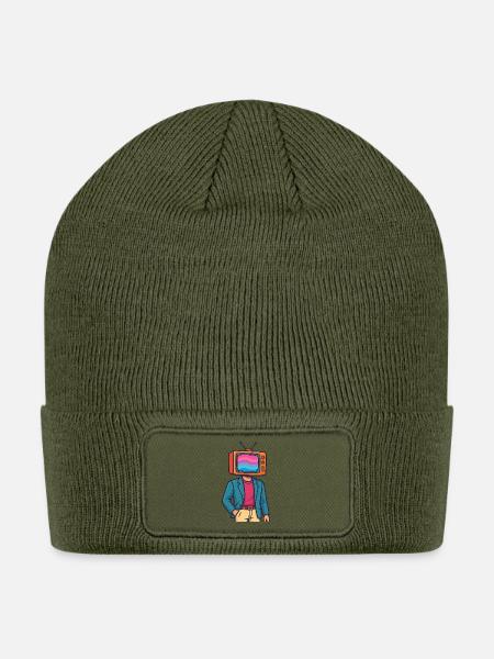 Television Head in Colorful Suit - Patch Beanie - olive