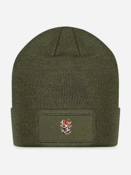Crane in Bloom Over Sunset Waves - Patch Beanie - olive