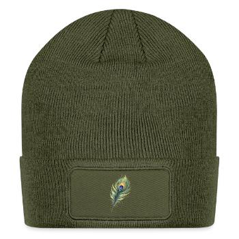 Peacock Feather Illustration with Gradient Colors  - Patch Beanie - olive - Front